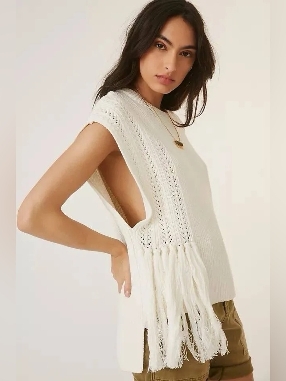 NEW Anthro cream knit fringe vest one size fits all